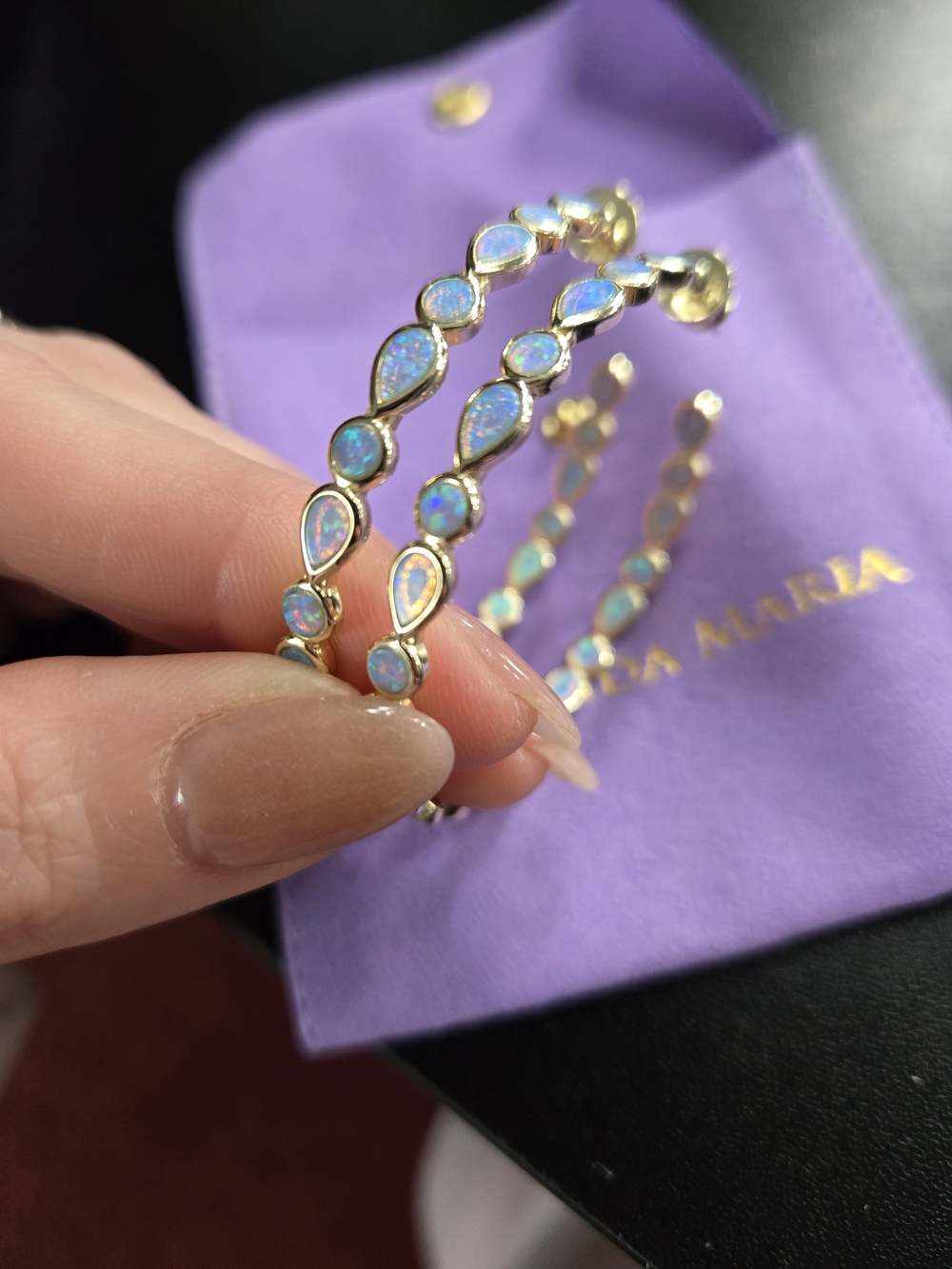 Melinda Maria Gold Hoop Earrings with Iridescent Blue Opal 2"